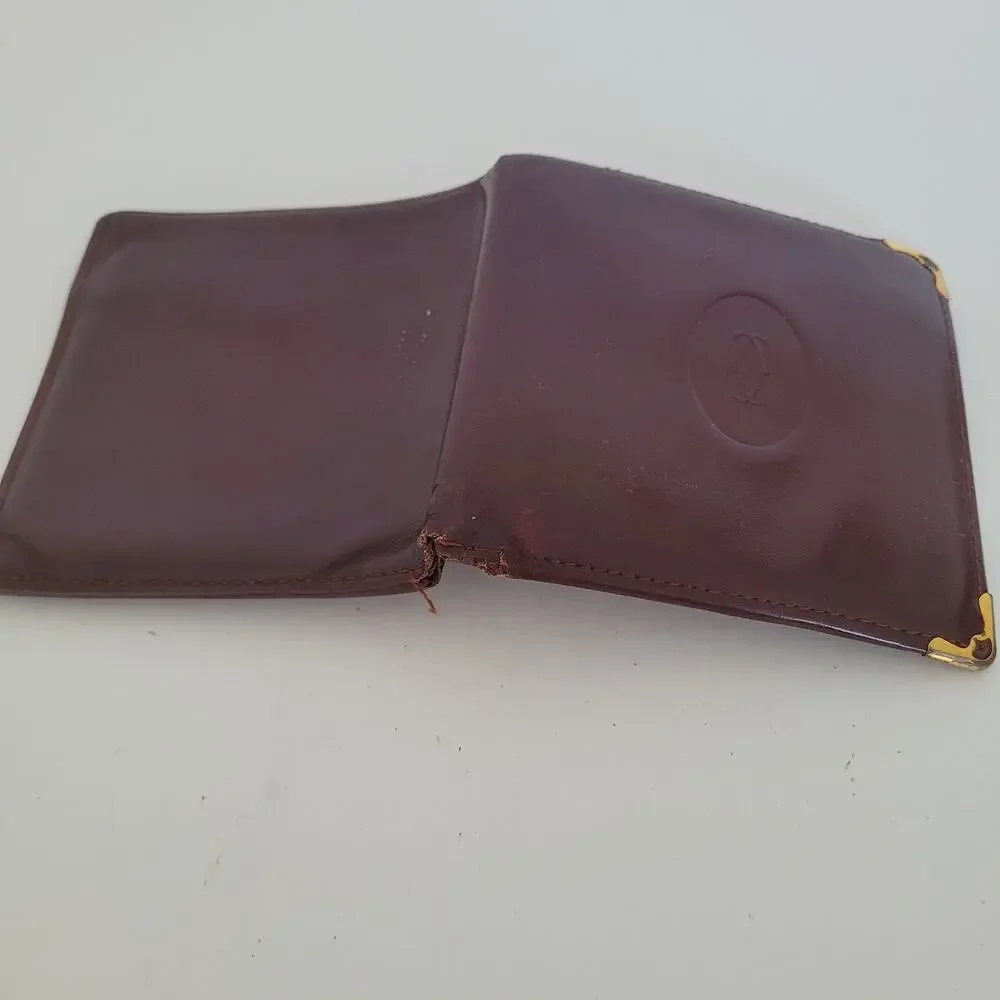 Must De Cartier Men's Bifold Leather Bordeaux‎ Red Wallet Medium Retro Bill Fair